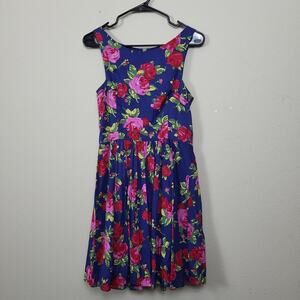 Betsey Johnson Womens Blue Floral Scoop Neck Fit‎ & Flare Dress Size 4 Coquette